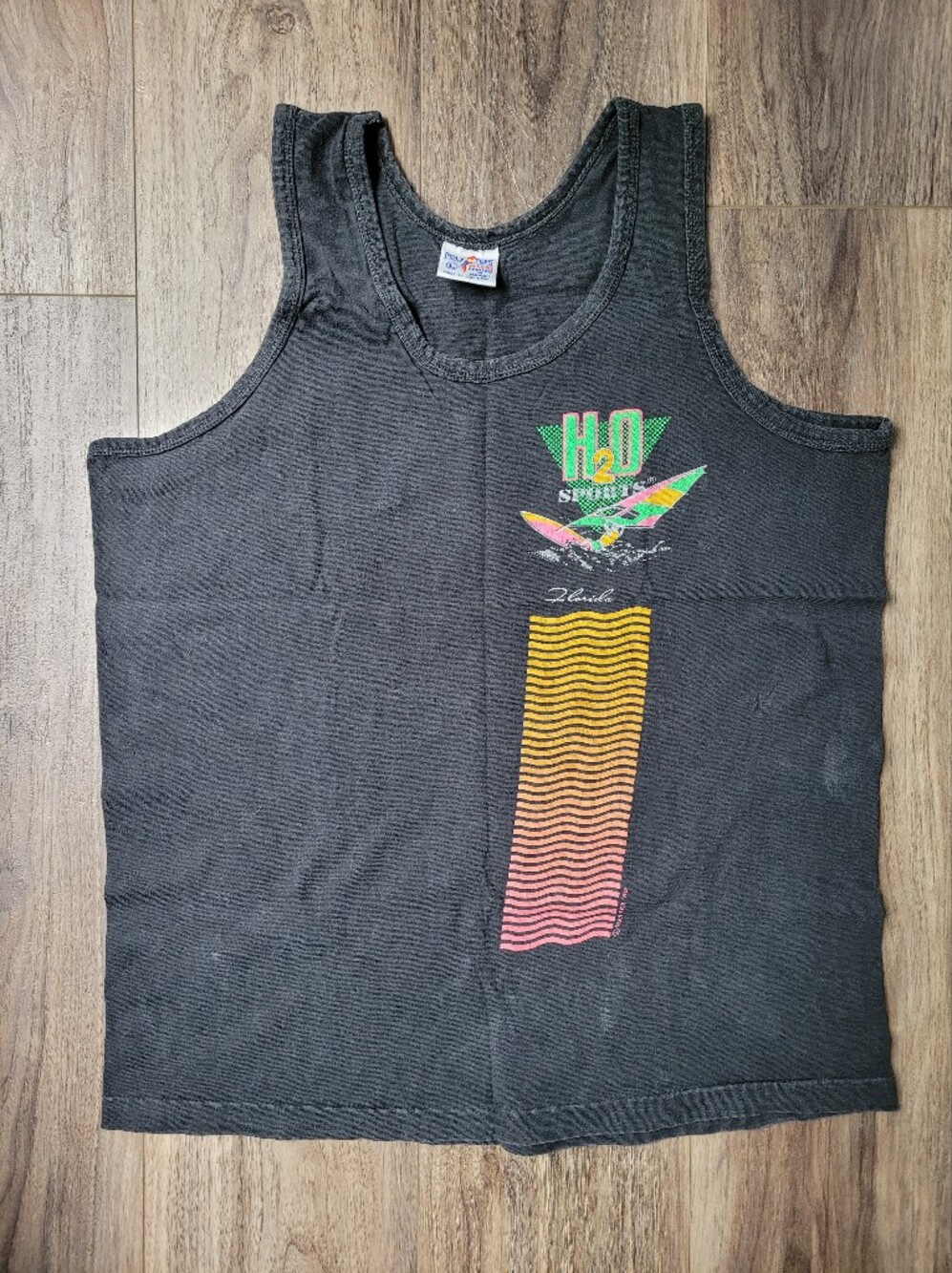 Vintage Surf Graphic Black Tank with Neon Wave Print